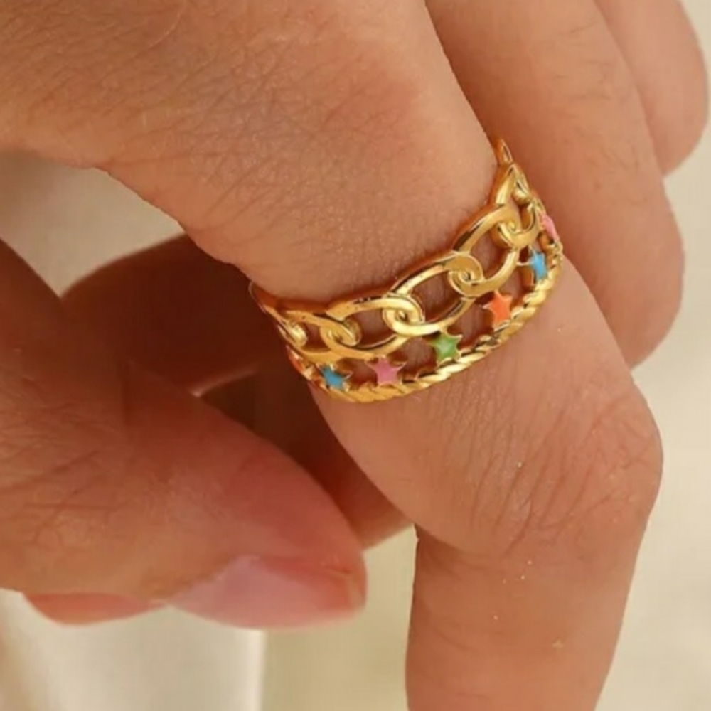 Ring Colorful Star Steel Multi-color On Gold Tone Open-end - Picture 4 of 11